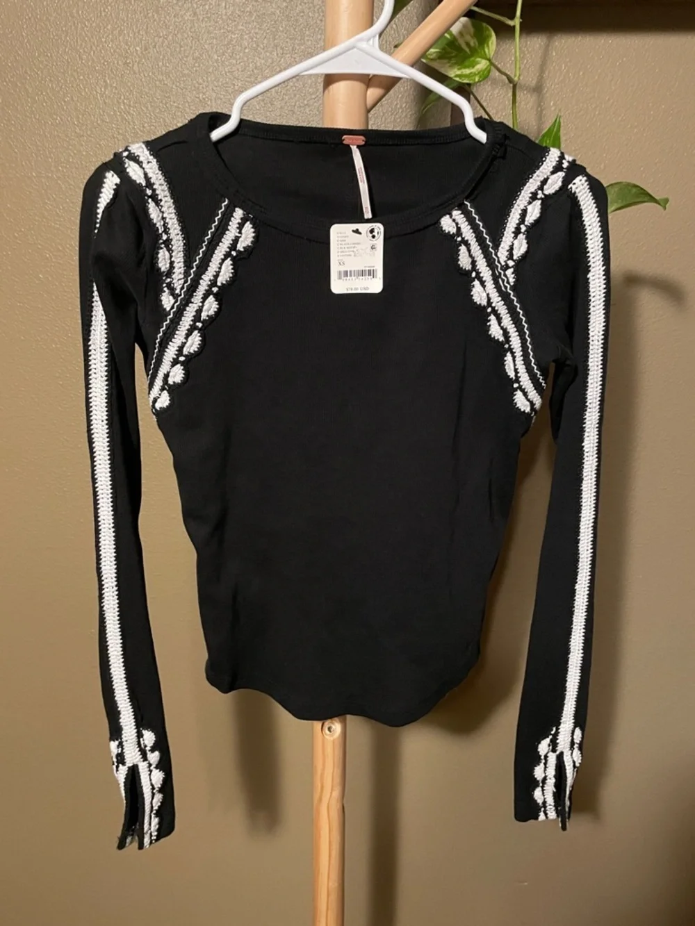 NWT Free People Lost Love Black Long-Sleeve Crewneck Top with White Trim